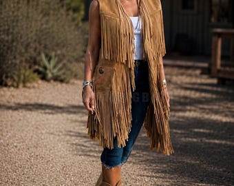 Women’s Retro Tan Brown Real Suede Fringed Leather Jacket - Vintage Vest Coat Traditional Western Cowgirl Suede Vest Coat -  70s Boho Style.
