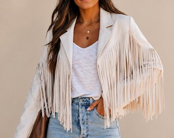 White Fringe Suede Leather Jacket - 1970s Western Cowgirl Fringe Jacket Women Boho Style Jacket Coat - Bridal Festival Jacket - Unique Gift.