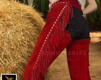 Women's Handmade Red Cowgirl Chaps - Genuine Buckskin Suede Leather Pants for her, Western Rodeo Fringe Chaps Unique Festival Gift.