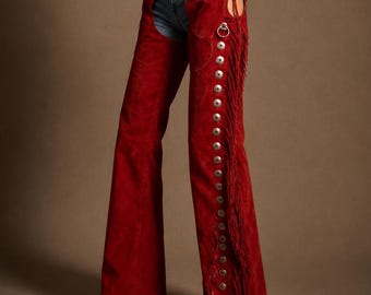 Women’s 100% Geniune Suede Leather Western Cowgirl Style Chap Fringes  Riding Leather Cowboy Chap - Women Leather Pant Rodeo Style