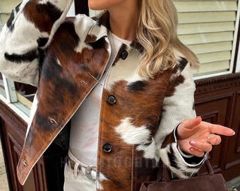 Cowhide Leather Jacket for Women, Natural Hair-On Cow Skin Coat, Pony Hair Leather Jacket, Handmade Custom Western Fashion Coat for Women.