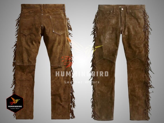Mens Native Handmade American Buckskin Suede Fringes Leather Mountain American Style Trouser - Man Indian Hippy Pant Western Fringes.