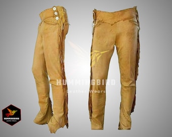 Men's New Brown Buckskin Bead Suede Pant Trouser, Jeans Brown Rugged Skin Pant, Hippy Cowboy Pant With Fringes Trouser, Cowboy Vintage Style