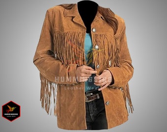Giacca vintage in pelle scamosciata marrone con frange: cappotto in pelle da donna in stile western