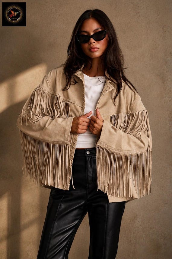 1970s Vintage Western Bhoemian Fringe Suede Leather Jacket for Cowgirl Handmade Genuine Western Boho style Retro Beige Coat.