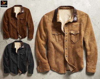 Men’s Tan Brown Genuine Leather Shirt, Handmade Button Down Jacket, Casual Biker Leather Overshirt in 3 Colors - Leather Trucker Jacket