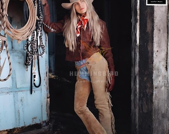 Women's Western Suede Leather Chaps, Genuine Buckskin Cowgirl Chaps, Handmade Fringe Riding Chaps, Rodeo Horse Riding Gear Fringed Cowgirl.