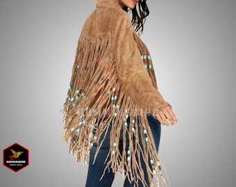 Women's Western Wear 100% Geniune Suede Leather Long Fringed Beaded Jacket Women's Western Cowgirl Suede Leather Jacket Womens Tassel Jacket
