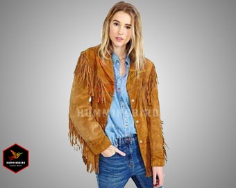 Women Tan Brown Suede Western Handmade Leather Jacket with Fringe, Suede Brown Leather Shirt for Women Buckskin, Women Vintage Suede, Jacket