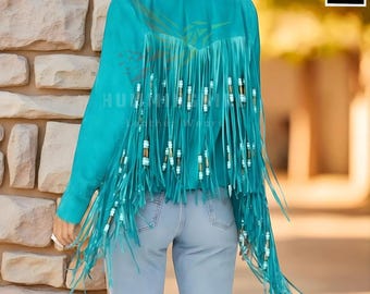 Women's Traditional Native Beaded American Western Blue Cowgirl Genuine Tassel Leather Jacket With Fringes Coat Western Style Long Fringed.