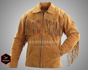 Men&#39;s Traditional Native Brown Classic Suede Leather Western Jacket With Fringes Beads, Men Cowboy Western Cowhide Suede Jacket, Bead Jacket