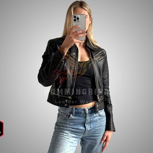 Bomber noir fait main en cuir d'agneau souple pour femme, Blouson en cuir noir fait main, cuir de mouton véritable, Moto Bike Girl
