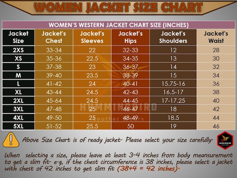 K&ouml;nnte beinhalten: Gr&ouml;&szlig;entabelle f&uuml;r Damen-Westernjacken in Zoll. Die Tabelle enth&auml;lt die Ma&szlig;e f&uuml;r Jackengr&ouml;&szlig;e, Brust, &Auml;rmel, H&uuml;fte, Schultern und Taille. Gr&ouml;&szlig;en von 2XS bis 5XL. Enth&auml;lt einen Hinweis zur Auswahl der richtigen Gr&ouml;&szlig;e.