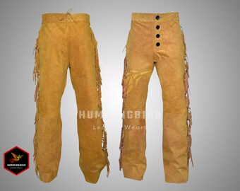 Men's Handmade Suede Leather Cowboy Pants with Fringe