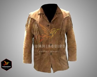 Native Style Western Fringe Jacket for Men - Handmade Brown Suede Cowboy Jacket with fringes - Ranch Wear Western Cowboy Style Coat.