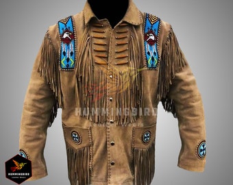 Men's Native American Handmade Suede Leather Jacket With Fringes Eagle, Brown Mountain Buckskin Leather Jacket Coat, Western Cowboy Jacket