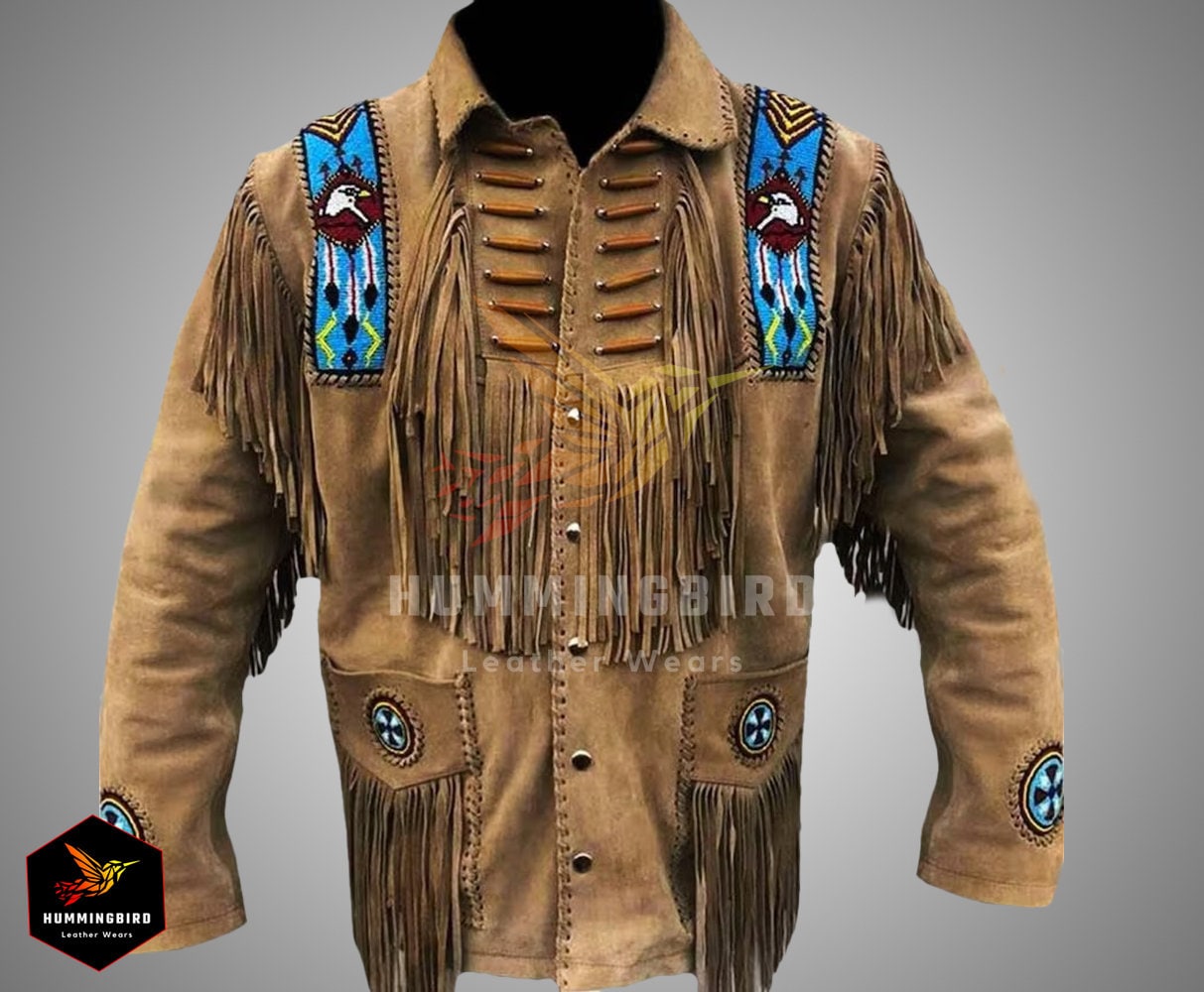 Men s Native American Handmade Suede Leather Jacket With Fringes Eagle Brown Mountain Buckskin Leather Jacket Coat Western Cowboy Jacket Etsy