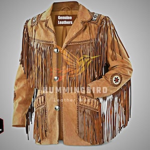 Jaqueta masculina vintage de couro com franjas estilo western: Casaco de cowboy com aplicações de miçangas