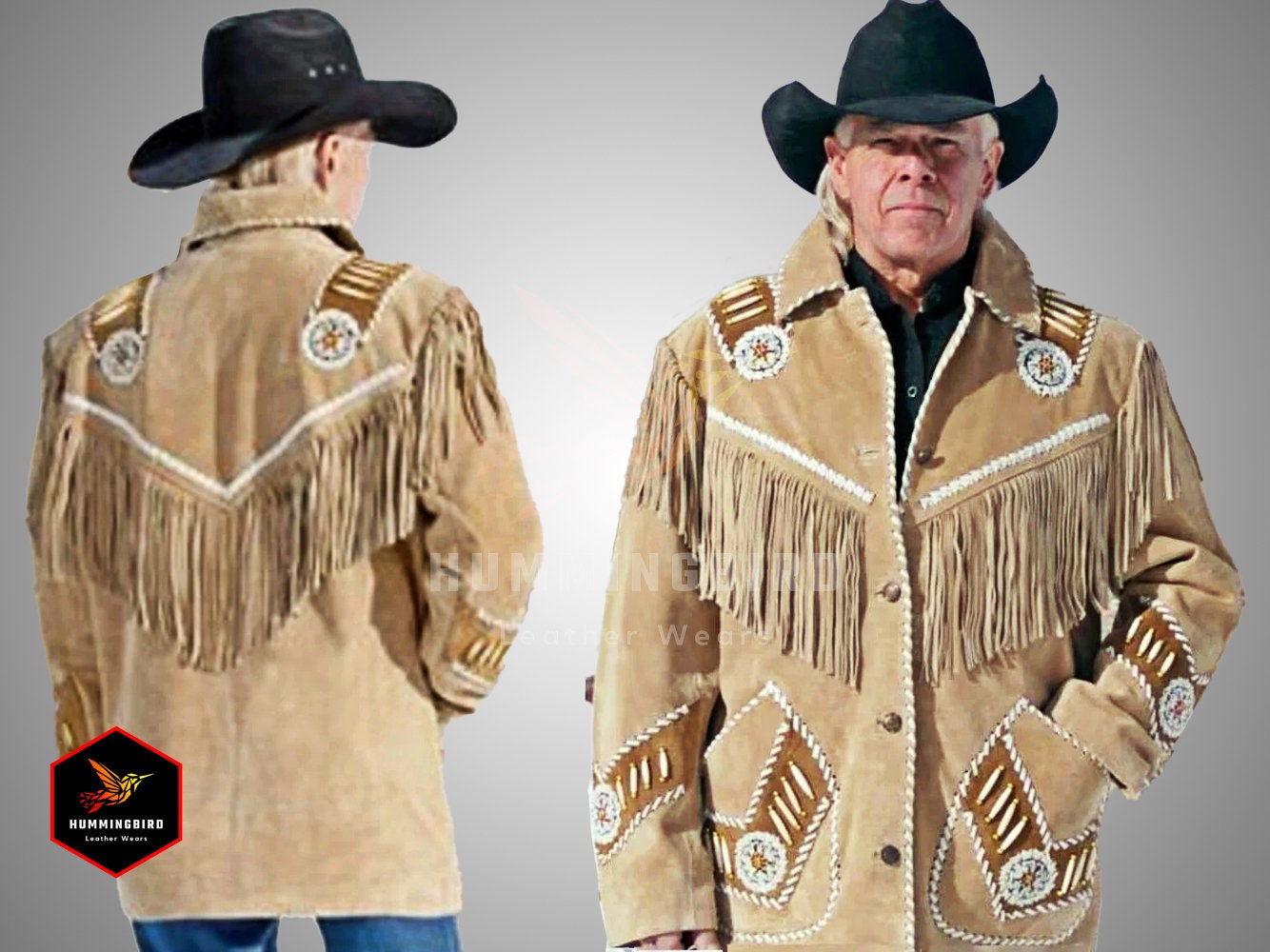 Men's Native American Western Buckskin Style Buffalo Leather Fringe War Shirt - Beige Suede