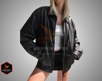 Women Handmade Oversize Bomber Lambskin Soft Real Leather Jacket, Genuine Black Leather Jacket, Women Vintage Oversized Leather Moto Jacket