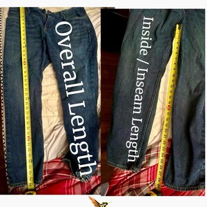Puede incluir: Un par de pantalones vaqueros azules con una cinta m&eacute;trica amarilla que muestra una longitud total de 84 cm y una longitud de entrepierna de 76 cm.