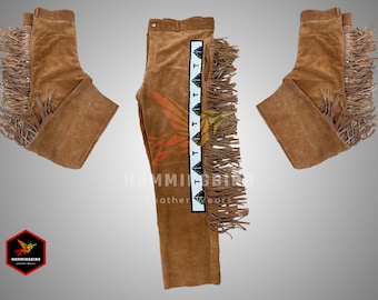 Mens Buckskin Suede Leather Pants: Western Cowboy Fringe Trousers