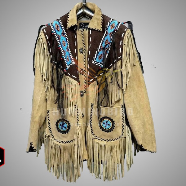 Native American Buckskin Western Jacket, Suede Leather Shirt Fringes, Mens 1980s Leather Rockabilly jacket, Leather Shirt Fringes & Beads
