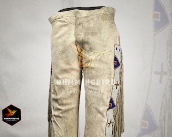 Handmade Suede Beaded Fringe Powwow Pants: Western Regalia
