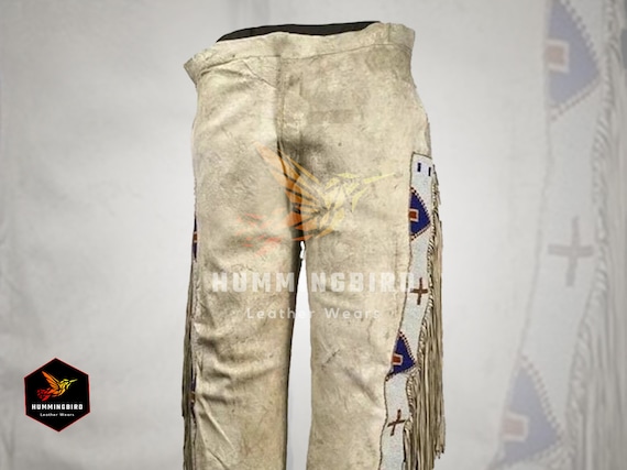 Men's Native American Buckskin Suede Pants - Beige Sioux Beaded Fringed Handmade Beige Leather Western Trousers Pants for Men Buckskin Style