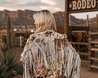 Genuine Cowhide Fringes Leather Jacket for Women, Natural Hair On Cow Skin Jacket - Pony Hair Coat Western Ranch Jacket - Handmade Coat