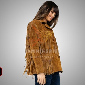 Jaqueta vintage marrom de camurça com franjas: Casaco feminino estilo western