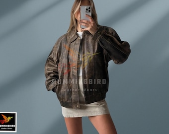 1980s Oversized Retro Distressed Brown Vintage Handmade Real Leather Jacket, Women’s Streetwear Loose Fit Boxy Leather Coat, Gift for her
