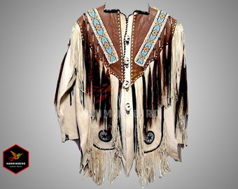 Men's Buckskin Style Suede Leather Fringe Jacket, Beaded Western Leather Shirt, 1980s Rockabilly Cowboy Jacket, Handmade Vintage Cowboy Coat