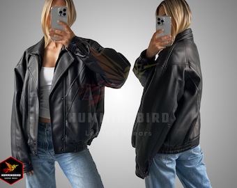 Women Handmade Oversize Bomber Lambskin Real Leather Jacket, Ladies Leather Jacket, Ladies Biker Jacket, Ladies Oversized Leather Jacket