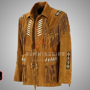 Men's Buckskin Leather Cowboy Jacket: Native American Western Fringe Coat