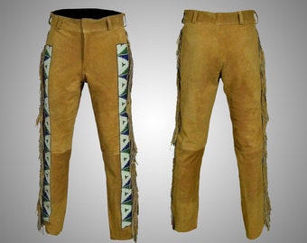 Native Indian American Western Cowboy Unique Buckskin Leather Pant, Beaded Suede Leather Pant Chap, Buckskin Original Pant, Long Beads Pant