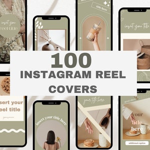 以下が含まれることがあります： 緑とベージュのカラーパレットで、ミニマルなスタイルの100個のInstagramリールカバーのセットです。カバーには、「タイトルをここに挿入」や「リールのタイトルを挿入」といったテキストが入った、さまざまなデザインが施されています。