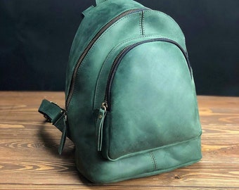 Lederrucksack Damen, Lederrucksack Damen, Damenrucksack, Grüner Lederrucksack