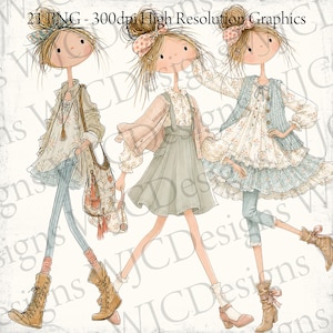 Puede incluir: Tres ilustraciones digitales de figuras con moños desordenados, vistiendo conjuntos en capas con blusas florales, faldas, chalecos y botas con cordones. El texto 21 PNG - 300dpi High Resolution Graphics es visible arriba.