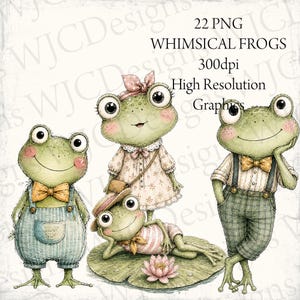 Puede incluir: Cuatro ilustraciones de ranas verdes con ojos grandes y mejillas rosadas. Una rana lleva peto azul y pajarita amarilla, otra un vestido floral y diadema, una está tumbada sobre un nenúfar y otra lleva pantalones de cuadros con pajarita amarilla. Texto: 22 PNG WHIMSICAL FROGS 300dpi High Resolution Graphics.