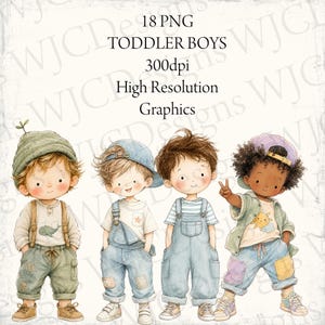 Pode incluir: Um conjunto de ilustrações digitais de 18 gráficos PNG de meninos pequenos a 300dpi. A imagem apresenta quatro crianças em estilo cartoon com roupas casuais, incluindo jardineiras, gorros e bonés, com várias texturas de cabelo e tons de pele.