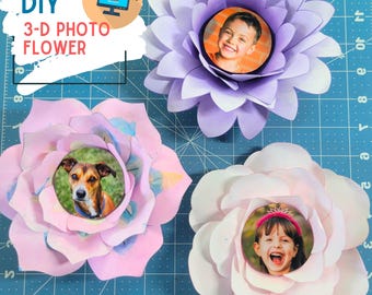 Pode incluir: Três flores de fotos 3D DIY em tons pastel, cada uma com uma foto circular no centro. A imagem inclui o texto "DIY 3-D PHOTO FLOWER" e "INSTANT DOWNLOAD - PDF PRINTABLES".