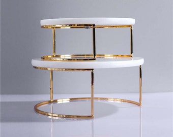 2 Pcs Round Marble Cake Stand with Gold Metal Base Pastry Dessert Display Cake Holder Weddings Birthdays
