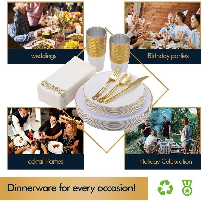 25 Pax Disposable Partyware Dinnerware Set With Gold Rims Cutlery Set