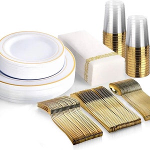 25 Pax Disposable Partyware Dinnerware Set with Gold Rims Cutlery Set Plastic Plates, Cups, Forks & Napkins