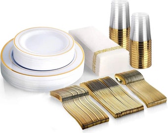 Service de vaisselle jetable 25 personnes avec bords dorés Ensemble de couverts en plastique assiettes, tasses, fourchettes et serviettes de table