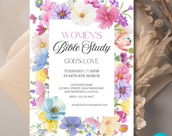 Puede incluir: Una invitación a un grupo de estudio bíblico para mujeres con temática floral. La invitación presenta una ilustración de acuarela de flores rosas, moradas, azules y amarillas que rodean el texto "WOMEN'S Bible Study GOD'S LOVE TUESDAYS | 7:30PM STARTS 8TH MARCH LOCATION NAME 123 MILL STREET, HALF MOON BAY, SAN FRANCISCO, CA 94133 RSVP: 123 123 4567 newlifechurchwebsite.com".