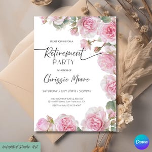 Floral Editable Retirement For Women Invitation Template, Canva DIY Flower Printable Woman Retirement Party Invite, Retirement Download Card
