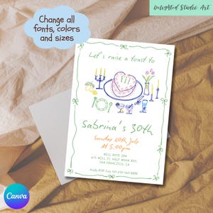 May include: A green and white invitation card with a hand-drawn illustration of a heart-shaped cake, candles, and glasses. The text on the card reads "Let's raise a toast to Sabrina's 30th, Sunday 20th July at 5:00 pm, Mill Rose Inn, 615 Mill St, Half Moon Bay, San Francisco, CA, Kindly RSVP July 5th 650-560-8888".