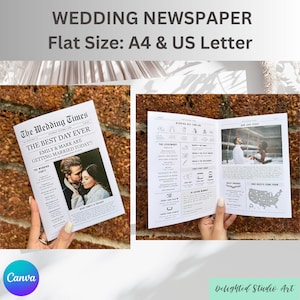 Pode incluir: Um modelo de jornal de casamento com um design em preto e branco. A página da frente apresenta uma foto de um casal e o título "The Best Day Ever". As páginas internas incluem uma linha do tempo do dia do casamento, um mapa mostrando de onde os convidados estão vindo e uma seção para a história de amor do casal.
